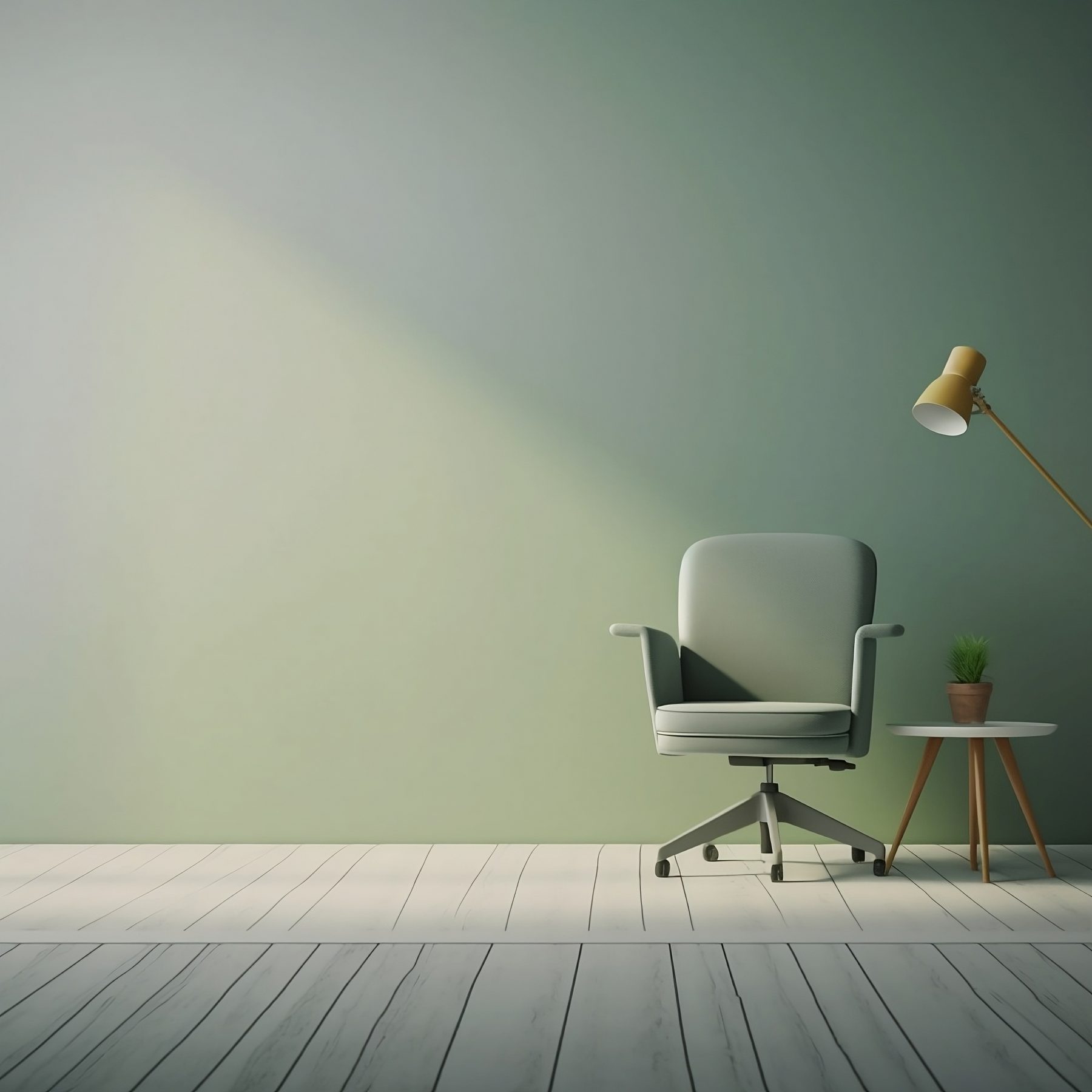 A calm, muted-green room with an armchair, floor lamp and potted plant